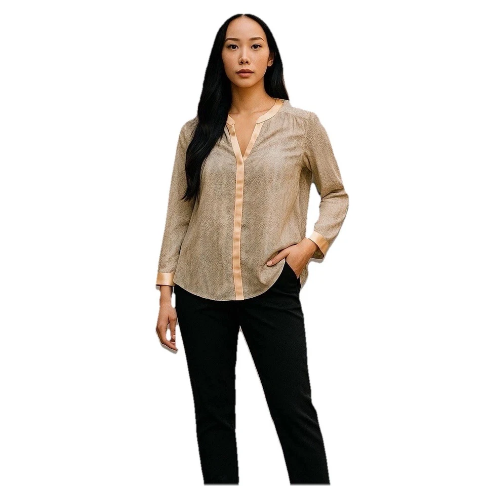 Blusa Ann Taylor Mujer Top XL Beige Borde Satinado Tranquila Lujo Romántico Trabajo Foto 1 de 4