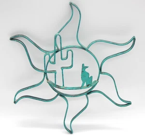 VTG Welded Metal Sun Green Patina Southwest With Cactus and Coyote 24" Wall Art - Picture 1 of 5