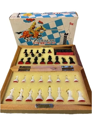 Juego de Ajedrez Magnético Vintage Años 70 ~ Estuche de Madera de Viaje Portátil ~ Caja Original Foto 1 de 4