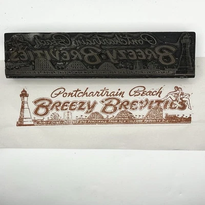 Ponchartrain Beach Letter Press Block News Print Zephyr Breezy Brevities VTG - Image 1 of 4