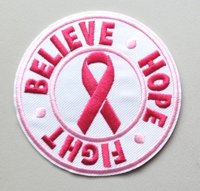 Breast Cancer Awareness Pink Ribbon Believe Hope Fight Iron On Embroidered Patch - Image 1 of 4