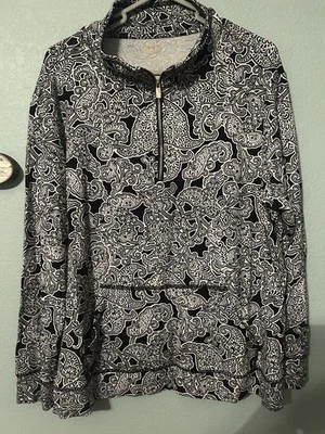 Jones New York Women’s Jacket Size XL Black Paisley Kangaroo Pocket Quarter Zip - Image 1 of 4