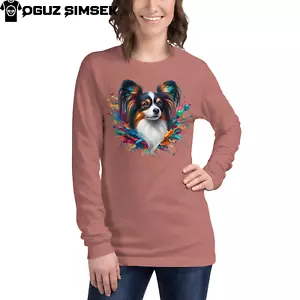 Colorful Papillon Dog Graphic Long Sleeve T-Shirt | Tee Bella + Canvas 3501 - Picture 1 of 26