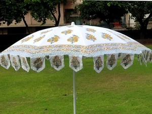 Vintage Hand Block Garden Decorative Large Umbrella Sun Shade Outdoor Parasol - Picture 1 of 12