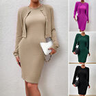 2Pcs Womens Elegant Long Sleeves Cardigan Round Neck Bodycon Party Dress Suits