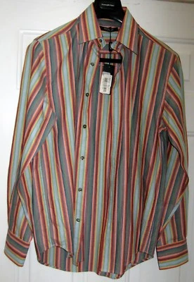 CAMISA MANGA LONGA MASCULINA LISTRADA MULTICOLORIDA ALGODÃO MONDO DI MARCO TAMANHO M NOVA COM ETIQUETAS US$ 75 - Imagem 1 de 4
