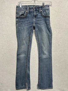 Miss Me Girls Boot Jeans Dark Wash Embellished Pattern Pockets Size 25 26 X 31 - Picture 1 of 11