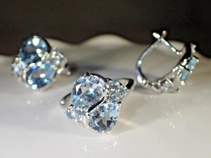 NATURAL SKY BLUE TOPAZ 925 STERLING SILVER-14K GOLD PLATED SZ 7.25 RING SET #490 - Picture 1 of 5