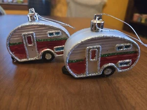 Retro Silver Red Green Motor Home camper CHRISTMAS ornaments Set Of 2 - Picture 1 of 5