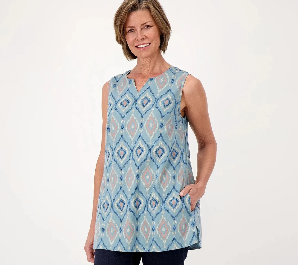 Regata Denim & Co. Naturals estampada mistura de linho com bolsos azul Bayou M nova - Imagem 1 de 1