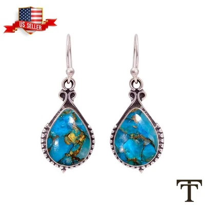 Pendientes colgantes de plata esterlina con piedras preciosas azul cobre turquesa nuevos joyas Foto 1 de 4