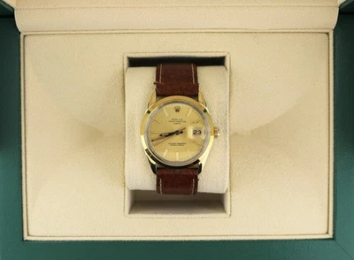 1984 Rolex Date 15505 Champagne Stick pulseira de couro marrom concha dourada 34mm - Imagem 1 de 4