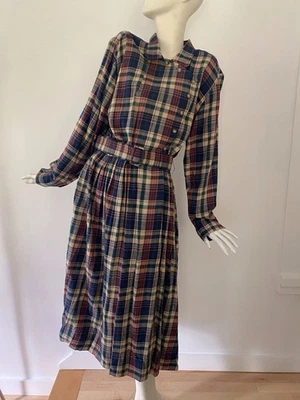 Vintage Plaid Depeche Mode Cotton Flannel Dress With Belt 80s MIDI Shirtwaist - Image 1 of 4