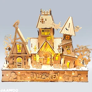 3D Wooden Puzzles Halloween House Kits With Light Strip - Picture 1 of 9