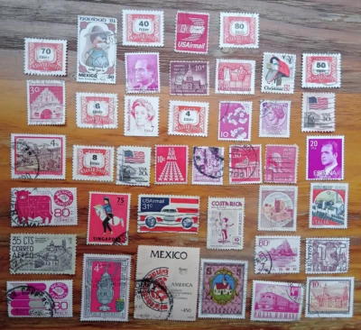 Pink Red Used World Postal Stamps, Lot of 40 Vintage Postal Stamps 14 Countries - Image 1 of 4