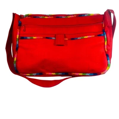Bolso Mensajero Vintage Años 80 Rojo Lona Con Borde Multicolor y Bolsillos Arco Iris Bri Foto 1 de 4