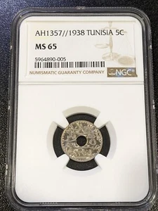 1357 1938 MS65 Tunisia 5 Centimes NGC KM 258 - Picture 1 of 2
