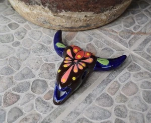 Longhorn Bull Talavera Sugar Skull Mexican Ceramic Folk Art Animals Home Decor - Picture 1 of 3