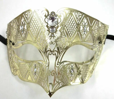 Gold Male Diamond Crystal Laser Cut Venetian Masquerade Metal Filigree Mask Men - Image 1 of 4