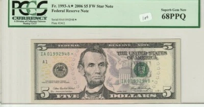 $5 2006 FRN Fr# 1993-A* Star PCGS UNC 68 PPQ Superb Gem Replacement * - Image 1 of 2