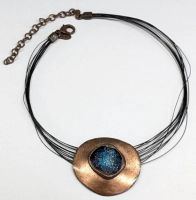 Chico's Copper Pendant Black Blue Enamel Glitter Memory Wire Necklace Boho - Image 1 of 4