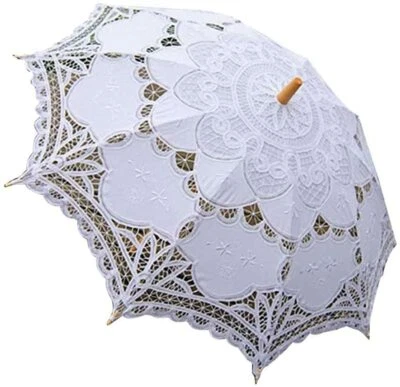 Expédié de Paris - Grande Ombrelle Bois Bambou Ancienne Blanc Fleurs Mariage - Photo 1/4