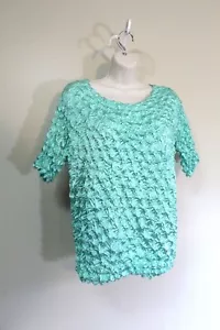 Womens L XL Vintage Y2K Crinkle Popcorn Seafoam Mint Crop Shirt Short Sleeve - Picture 1 of 5