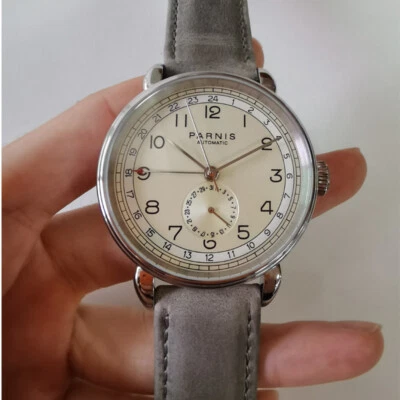 Parnis 42mm GMT Silver Case Automatic Mechanical Mens Watch Leather Band  - Image 1 of 4