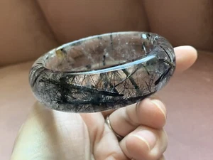 60mm Top Grade Natural Black Hair Rutilated Crystal Bangle/hand polished - Picture 1 of 7