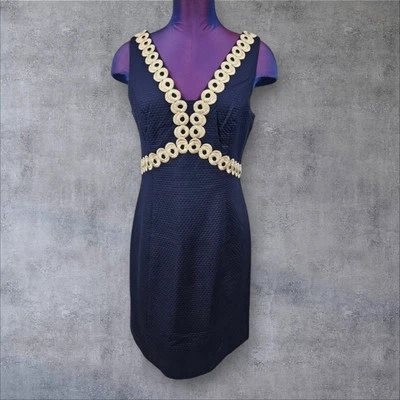 Vestido Lilly Pulitzer Esme Shift Texturizado Azul Marino y Dorado Bordado Talla 4 Mujer O79 Foto 1 de 4