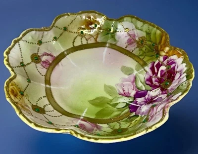 Antique Nippon Hand Painted Moriage Berry Bowl Pink Floral Gold Gilt Stunning 8” - Image 1 of 4