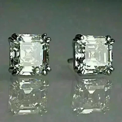 2Ct Asscher Cut Lab Created Diamond Solitaire Earrings 14K White Gold Plated - Image 1 of 4