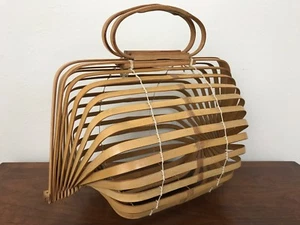 Vintage 50's Japanese Folding Bamboo Basket Purse Cage Handbag - Picture 1 of 12