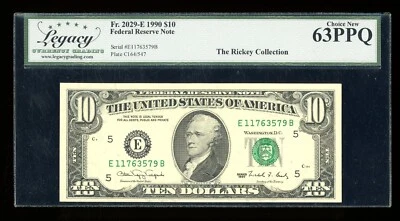 DBR 1990 $10 FRN Richmond Fr. 2029-E Legacy 63 PPQ Serial E11763579B - Image 1 of 2