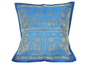 Blue Elephant Peacock Pillow Cover - 26" Gold Zari Floor Cushion Bed Euro Sham - Picture 1 of 3