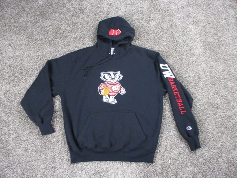 Vintage Champion Wisconsin Badgers Basketball Hoodie Mens Large Black Bucky NCAA Cover