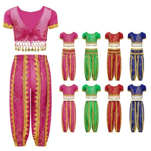 Kids Girls Set Shiny Costume Crop Top Outfit Mesh Hoodie Chain Pants Lace-Up - Picture 1 of 63