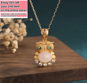 Dije Collar Colgante de Cristal de Jade Búho Cadena Enchapada en Oro 18K Piedra Preciosa Dolorosa - Imagen 1 de 7