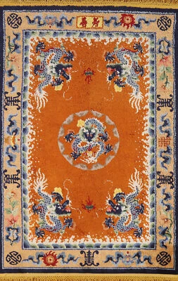 Alfombra china naranja Art Deco tinte vegetal 4x6 pies alfombra de seda anudada a mano Foto 1 de 4