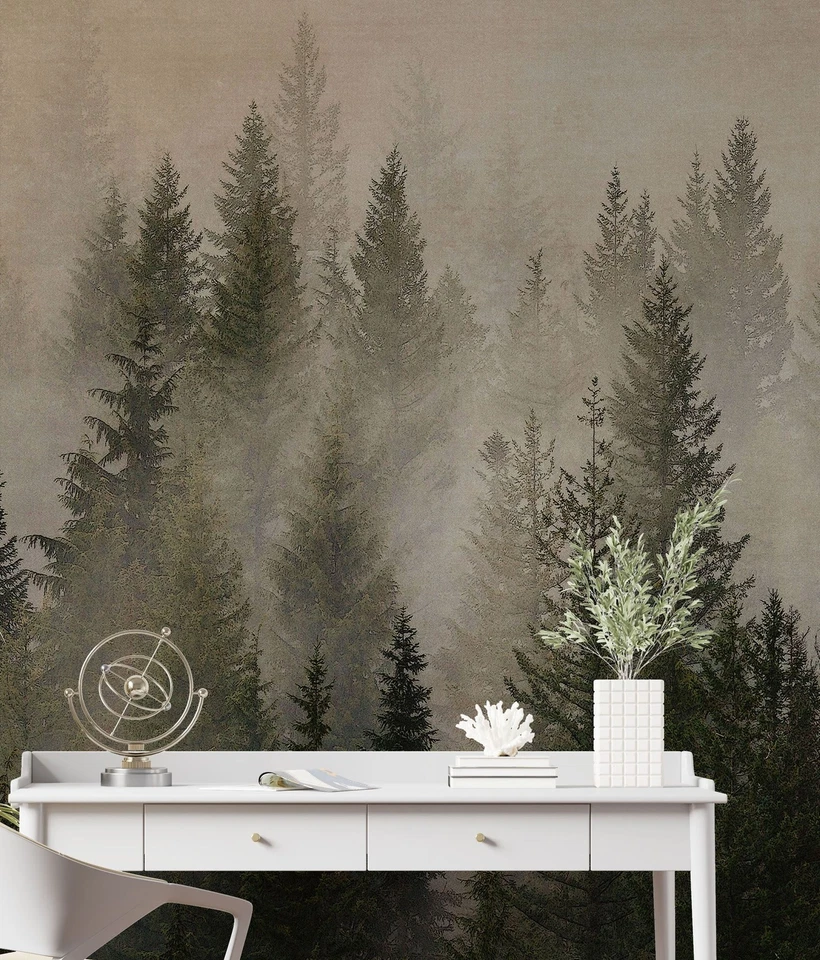 Misty Pine Tree Forest Landscape Wallpaper. Peel and Stick Wall Mural. #6237 - Image 1 of 4