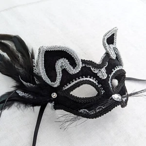 Black & Silver Cat Masquerade Mask w/ Feathers Handmade Women & Child Eyemask - Picture 1 of 6