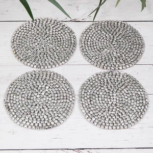 4 x Silver Metallic Glass Beaded Drinks Mats Tea Coffee Round Table Coasters Set - Picture 1 of 4