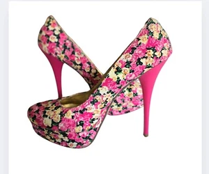 FRH Shoes Pink Fuchsia Multicolored Floral Platform Stiletto Heels Size 8.5 - Picture 1 of 12