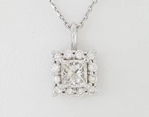 Princess Cut Diamond 0.76 ct Halo Pendant Necklace 14K White Gold - Picture 1 of 7