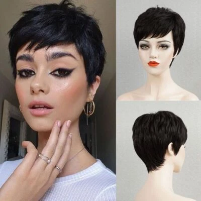 Black Short Bob Wig With Bangs Pixie Cut No Lace Front Human Hair Bob Wig Women - Image 1 of 4