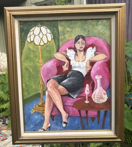 Reclining Woman in Pink Armchair, Fauvist Acrylic on Canvas, Framed, Unsigned - Picture 1 of 15