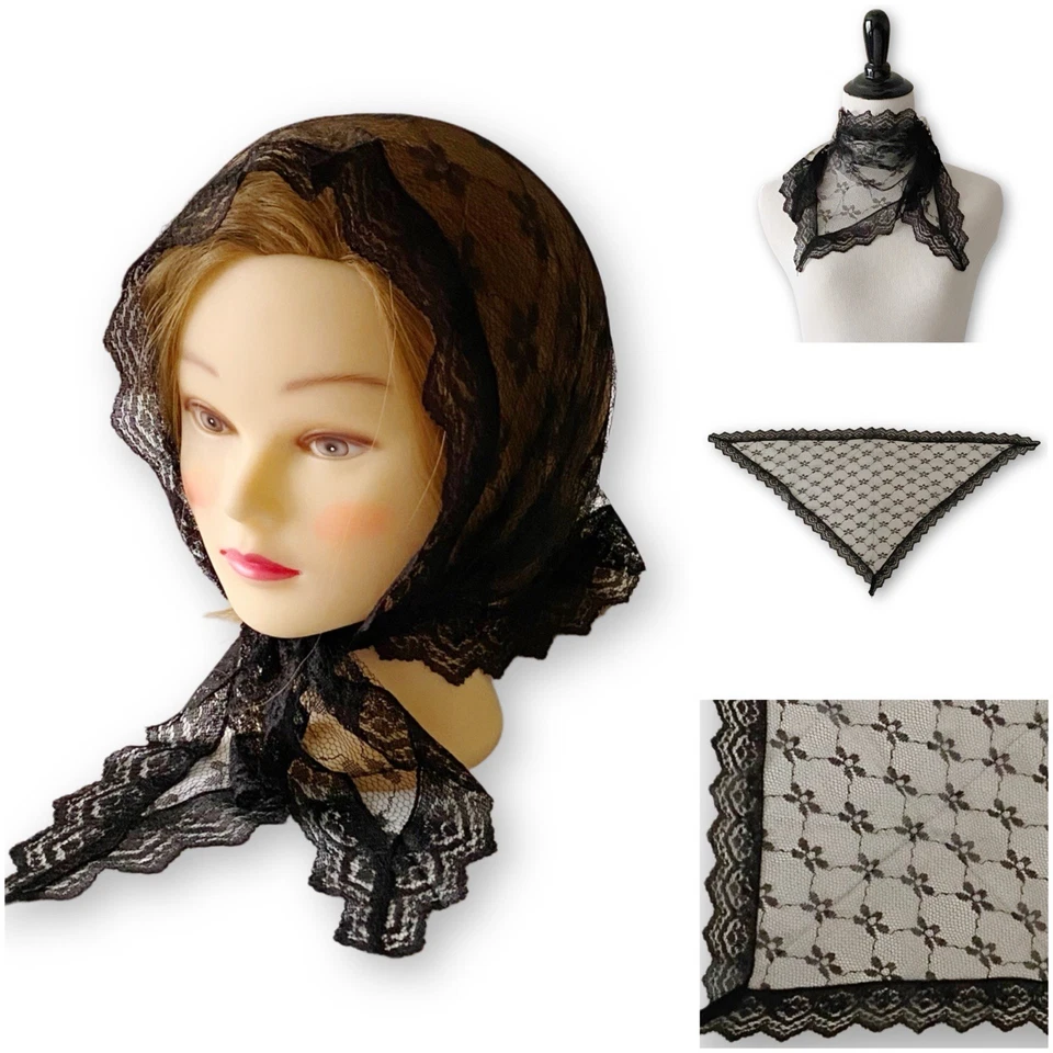 Cachecol vintage preto floral delicado chantilly renda triângulo borda recortada - Imagem 1 de 4