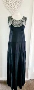 Womens Monsoon Black Tiered Embroidered Floral Neck Summer Maxi Dress Size 10 - Picture 1 of 7