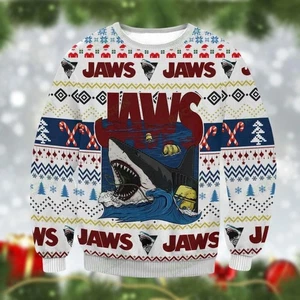 Jaws Shark Christmas Ugly Sweater, Jaws Santa Ugly Sweater, Shark Movie Horror - Picture 1 of 2