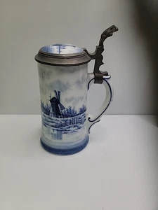 Antica birra tedesca in porcellana stile Delft Stein con litofano Swaine Co c.1900 - Foto 1 di 5